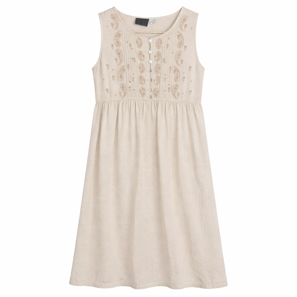 MPH Midi Dress Womens Size XL Tan Sleeveless Linen Blend Beaded Embroidered Boho